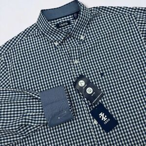 NEW IZOD Shirt Men's M Blue White Gingham Check Button Down Flip Cuff Stretch